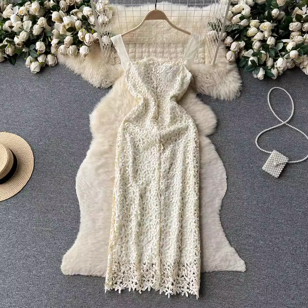 Spitzenkleid mit quadratischem Kragen und mittellangem Sommerkleid für Damen 1255