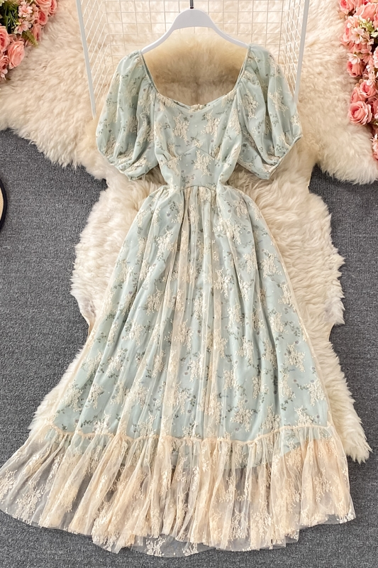 Süßes Retro-Kleid mit eckigem Ausschnitt für Mädchen, Blumen-Fee-Prinzessin-Spitzenrock 1322