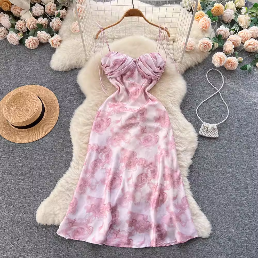 Sommerliches französisches Retro-Blumen-Sling-Kleid, Feenkleid 1195