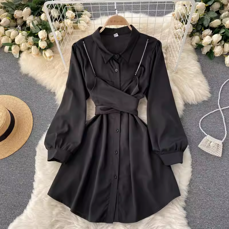Herbstliches Hemdkleid im Hongkong-Stil mit Polokragen-Kleid 1205