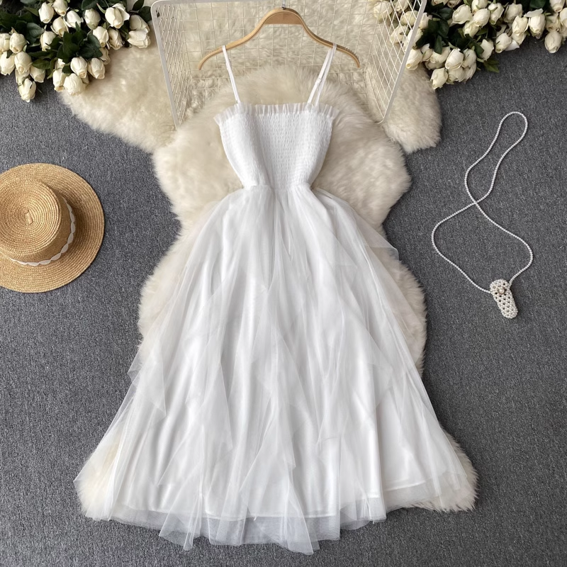 Netz-Spaghetti-Trägerkleid für Damen, Sommer-Feenkleid 1108