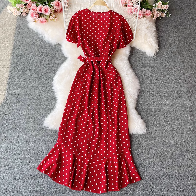 Summer Elegant V Neck Ruffled Dot Chiffon Dress Short Sleeves Long Skirt 1321