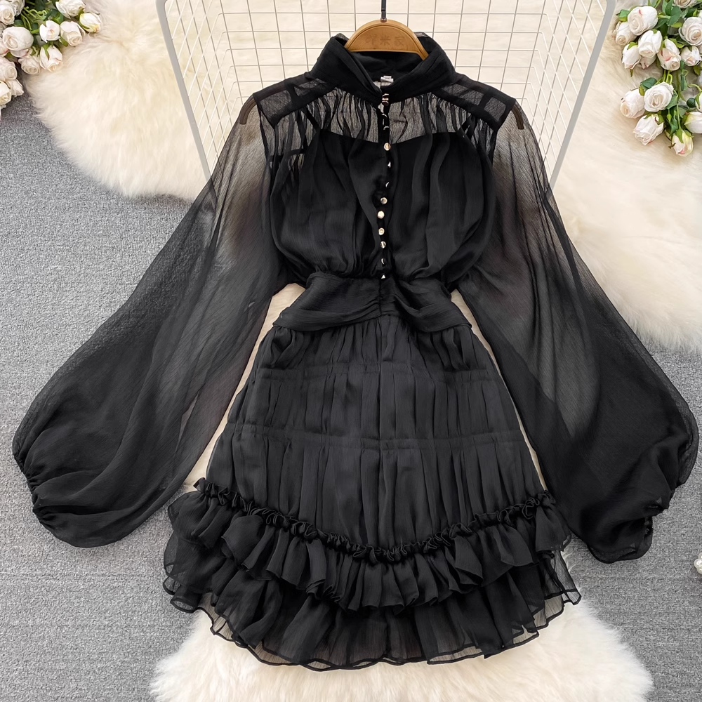 Kurzes Mesh-Kleid mit langen Ärmeln, A-Linie-Rüschen-Kuchenkleid 1301
