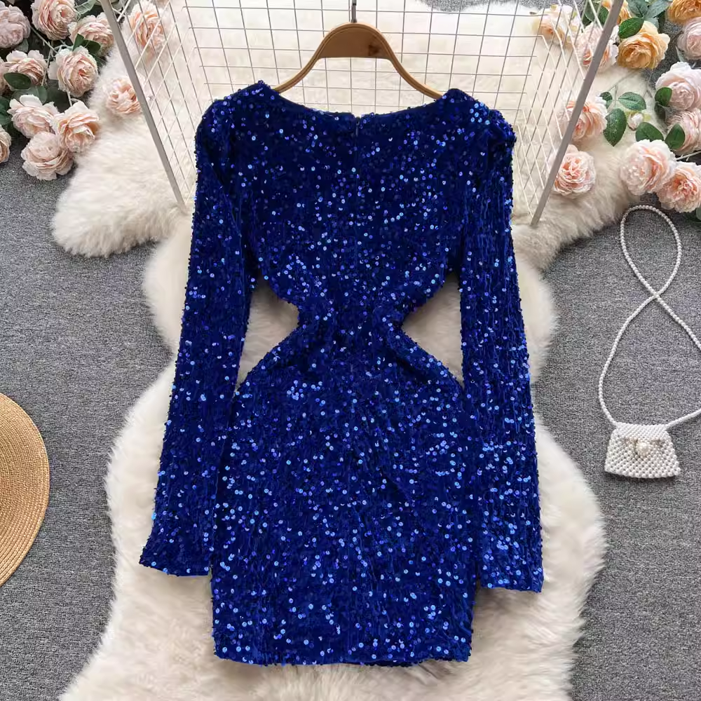 Sexy V-Ausschnitt Pailletten Langarmkleid Kurzes Abendkleid 1117