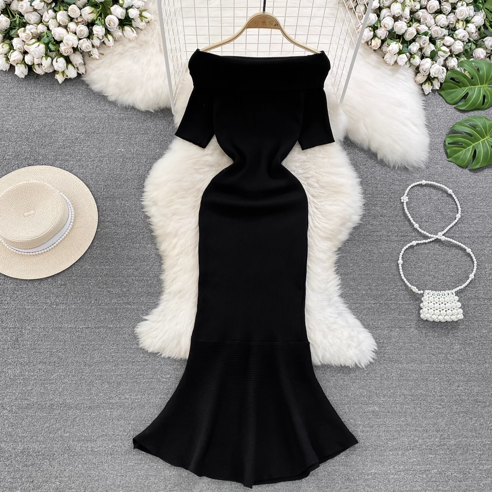 Off The Shoulder Ruffled Knitted Mermaid Evening Dress Summer Dress 1312