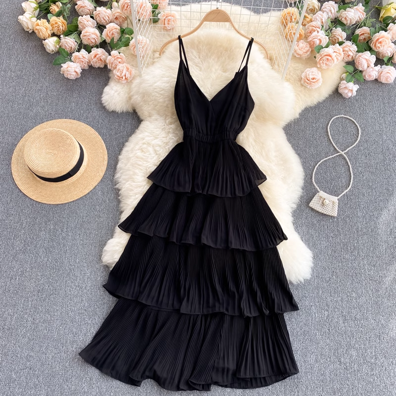 Sexy Sommerkleid mit V-Ausschnitt, mittellanger, geschichteter Rüschenrock 1111
