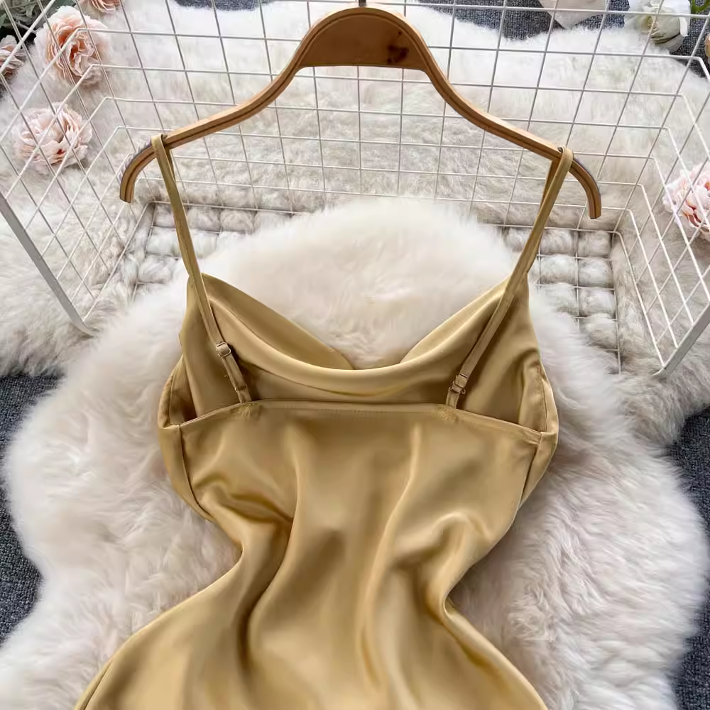 Satin Spaghettiträger Kleid Damen Sommer Sexy Unregelmäßiges Abendkleid 1152