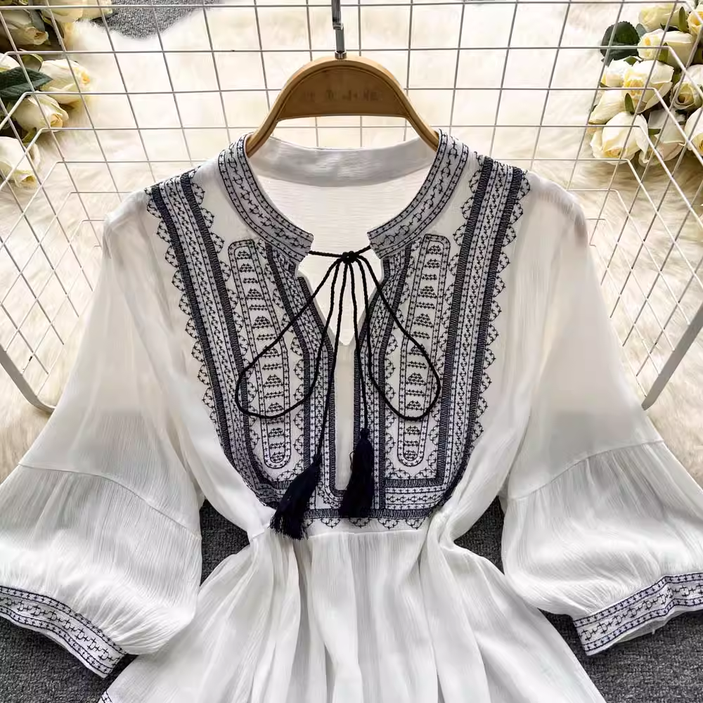 Bohemian Embroidered Tassel Top Long Sleeves Shirt 1047