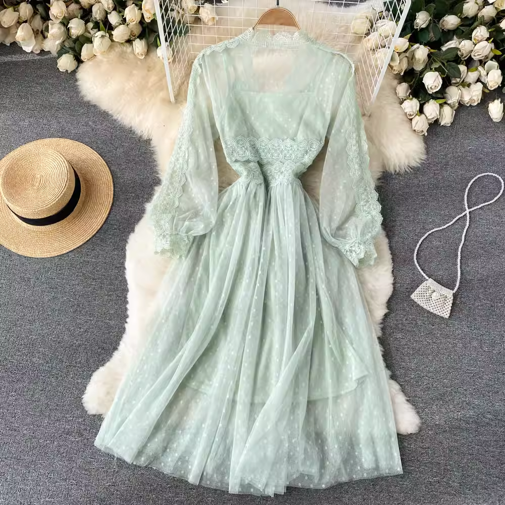 Elegantes Spitzenkleid mit V-Ausschnitt für Damen, Netzstoff, lange Ärmel, mittellanger Rock 1206