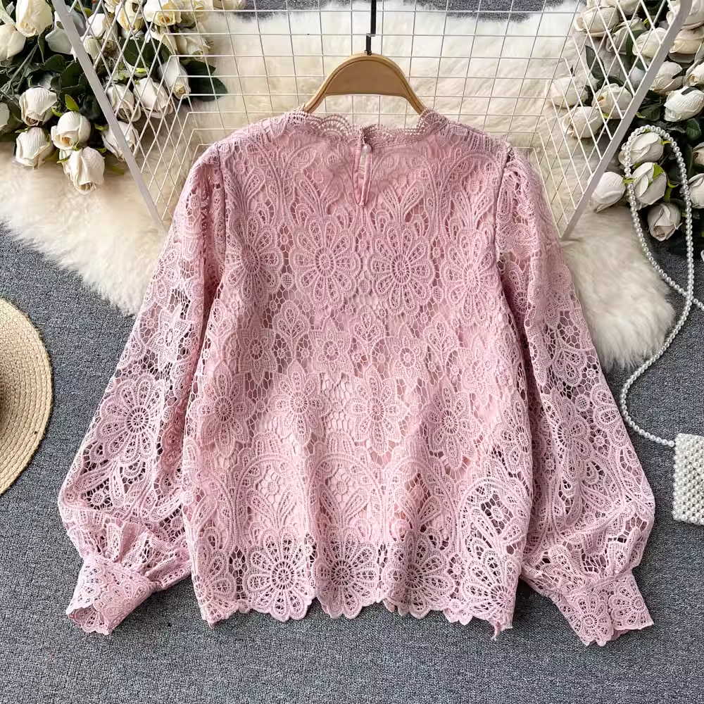 Haut ajouré en maille et dentelle à manches longues, printemps-automne 1065