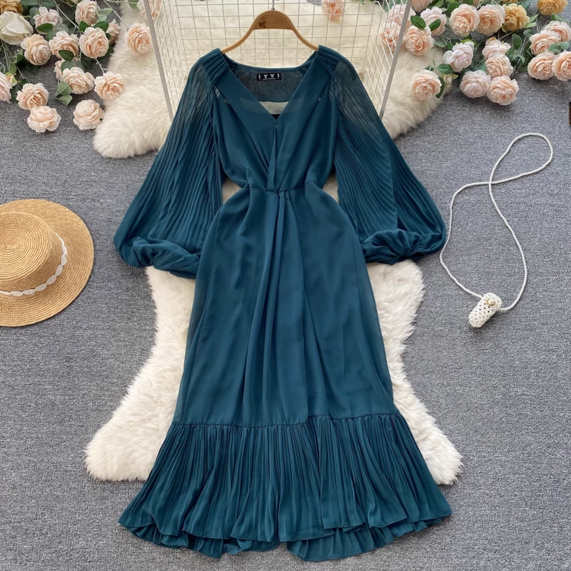 V-Ausschnitt Herbstkleid Damen Mittellanger Rock 1261