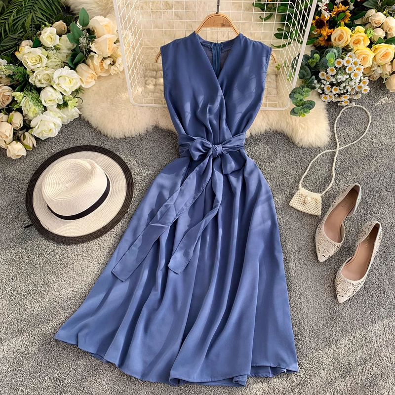 Sexy ärmelloses Kleid mit V-Ausschnitt, mittellanger Chiffon-Sommerrock 1232