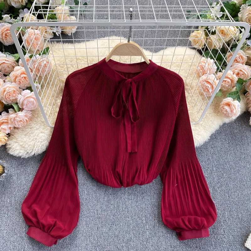 Women Chiffon Long Sleeve Shirt Pressed Pleated Loose Spring Top 1028