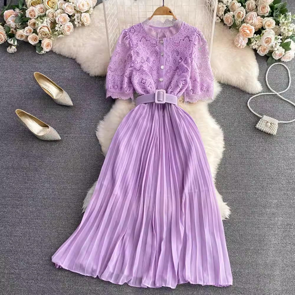 Retro-Kurzarm-Rundhals-Spitze-Plisseekleid, elegantes Sommerkleid 1296