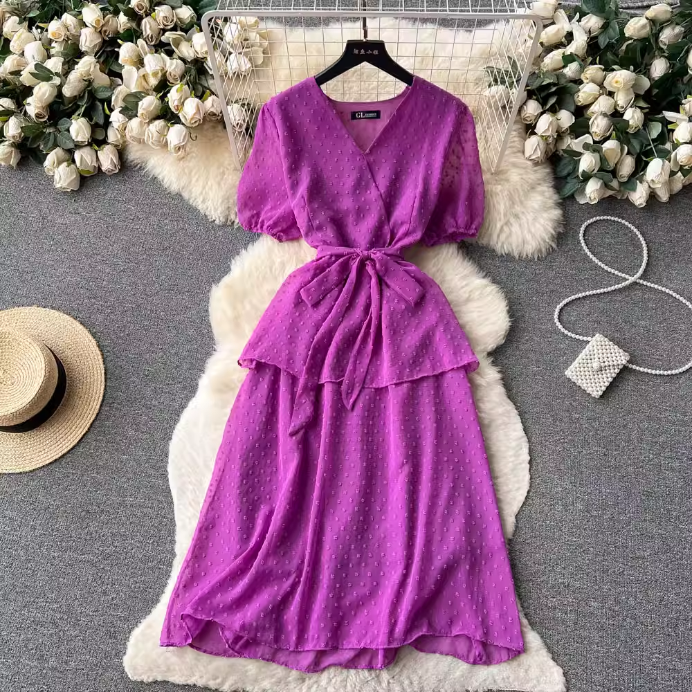 Französisches Kleid mit V-Ausschnitt und Puffärmeln, süßer Sommerrock 1103