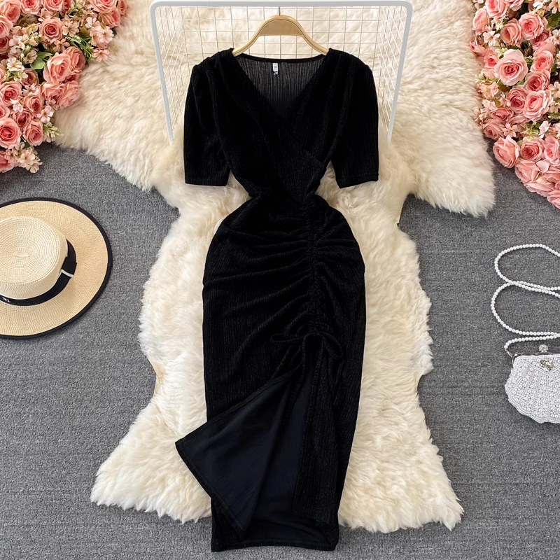 Summer Glitter Dress V Neck Sheath Long Dress with Slit 1343