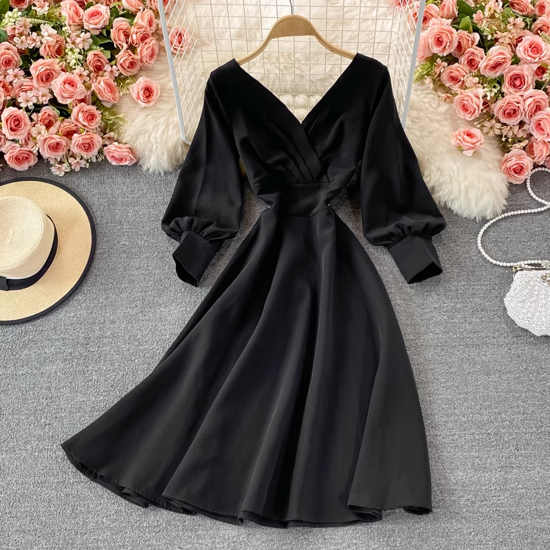 Elegantes, langärmliges Herbst-Chiffonkleid mit V-Ausschnitt 1525