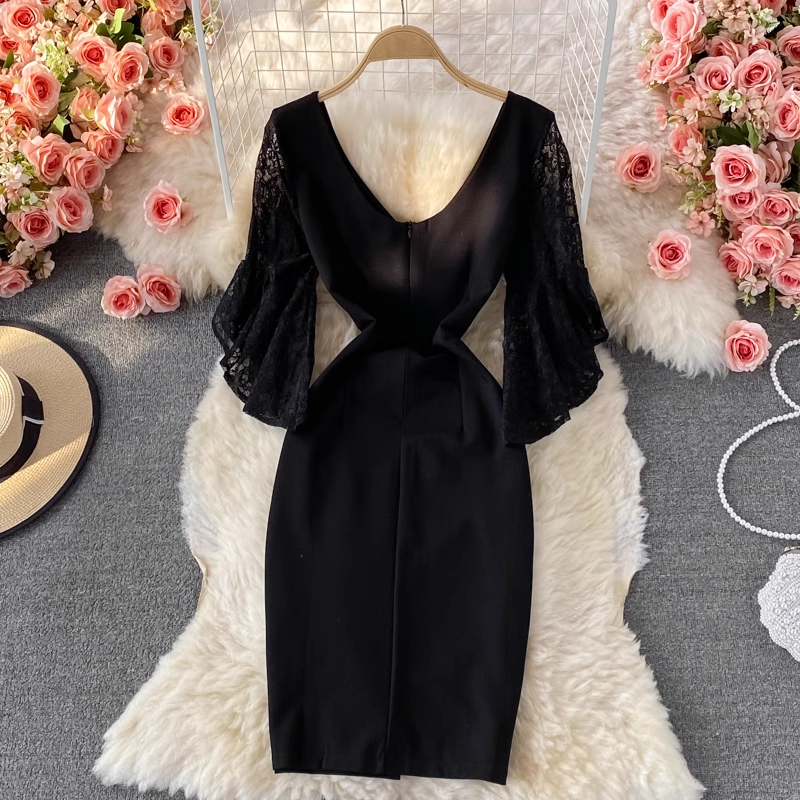 Sexy Spitzenkleid mit Trompetenärmeln und V-Ausschnitt, OL-Schlitz-Etuikleid 1363