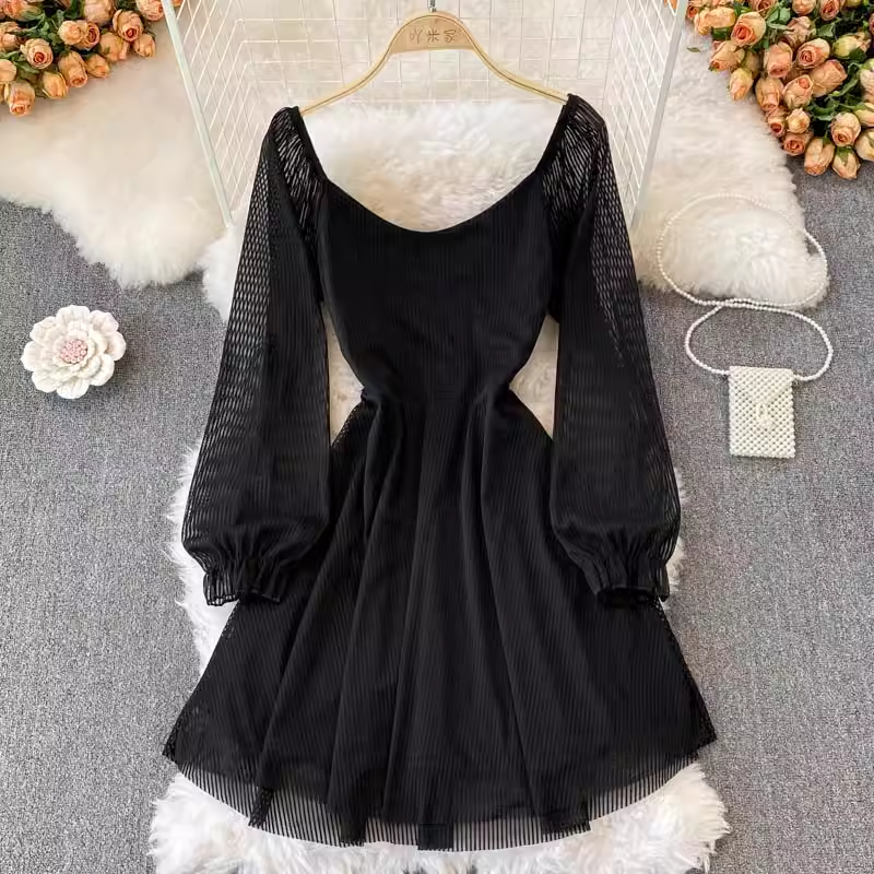 Frühling und Herbst Koreanischen Stil Chic Lange Ärmel V-ausschnitt Mesh Elastische Kleid 1437