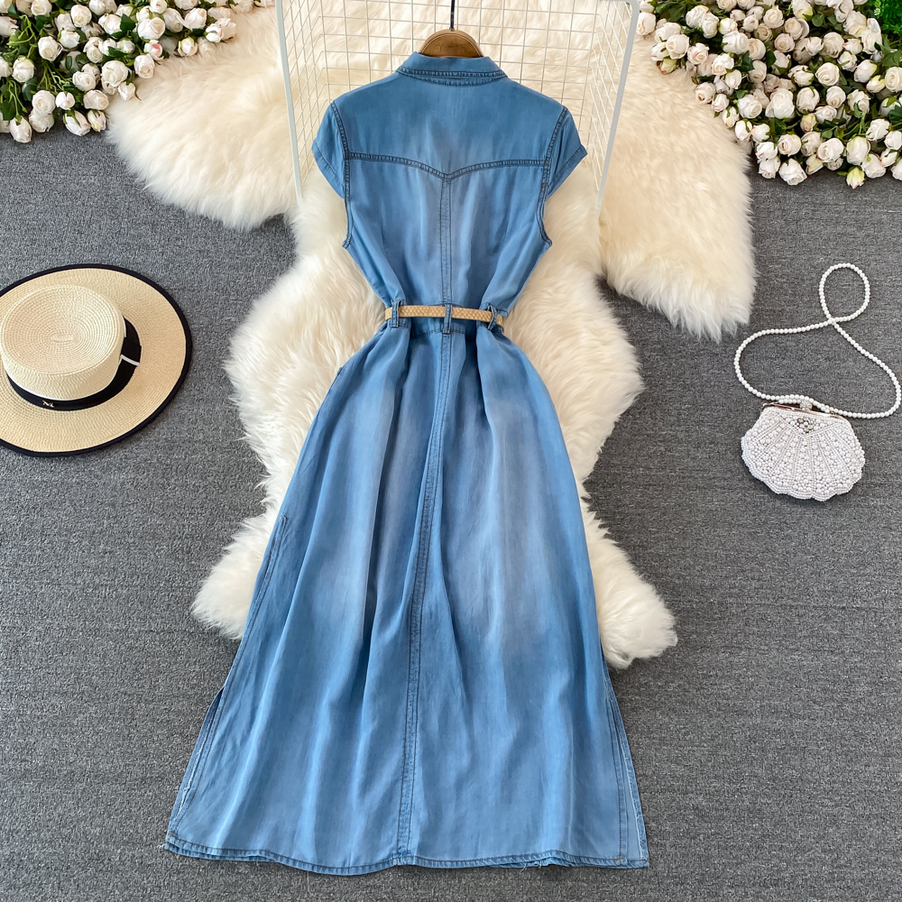 Sommer Retro ärmelloses Jeanskleid A-Linie Hemd langer Rock 1459