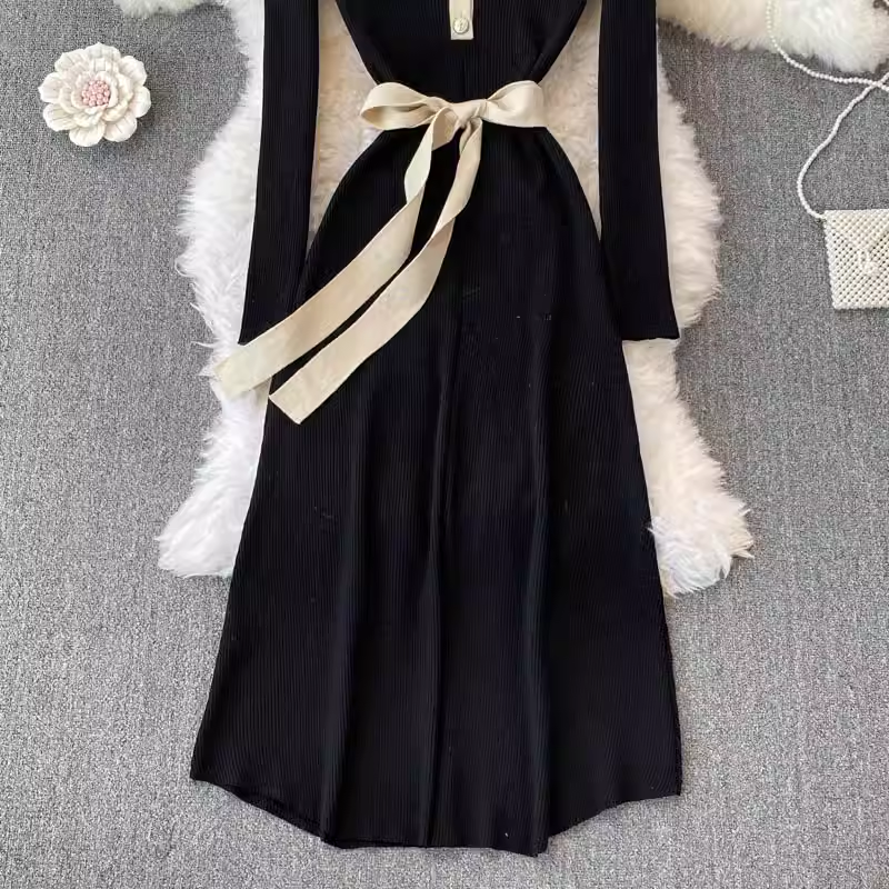 Herbst und Winter Eleganter V-Ausschnitt gestrickter langer Rock im koreanischen Stil Pulloverrock 1434