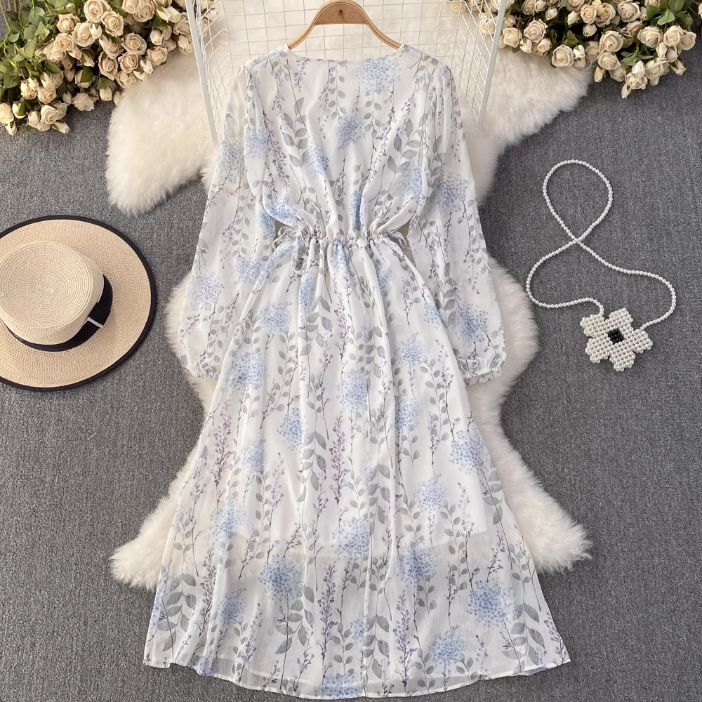Spring and Autumn V Neck Mid Length A Line Floral Chiffon Dress 1471
