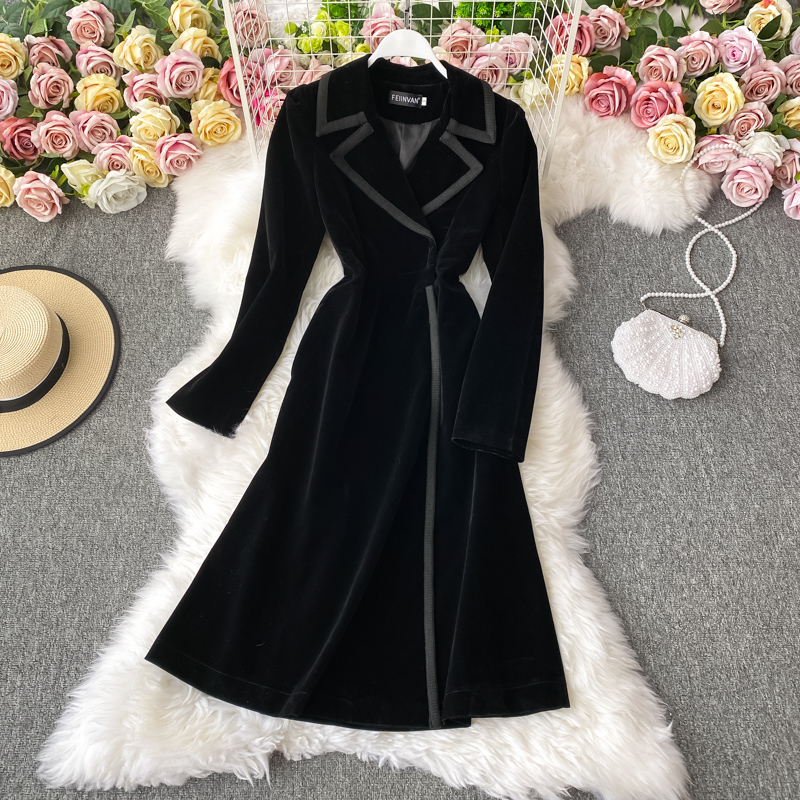 Women Autumn and Winter Velvet Suit Collar Long Dress Long Coat 1523