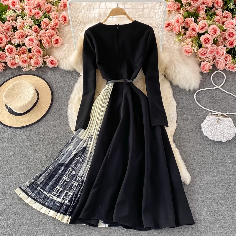 Herbstkleid mit V-Ausschnitt und langen Ärmeln, Tuschmalerei, plissiert, A-Linien-Kleid 1380