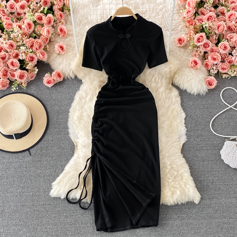 Summer Short Sleeves Sheath Dress Long Knee Length Cheongsam 1359