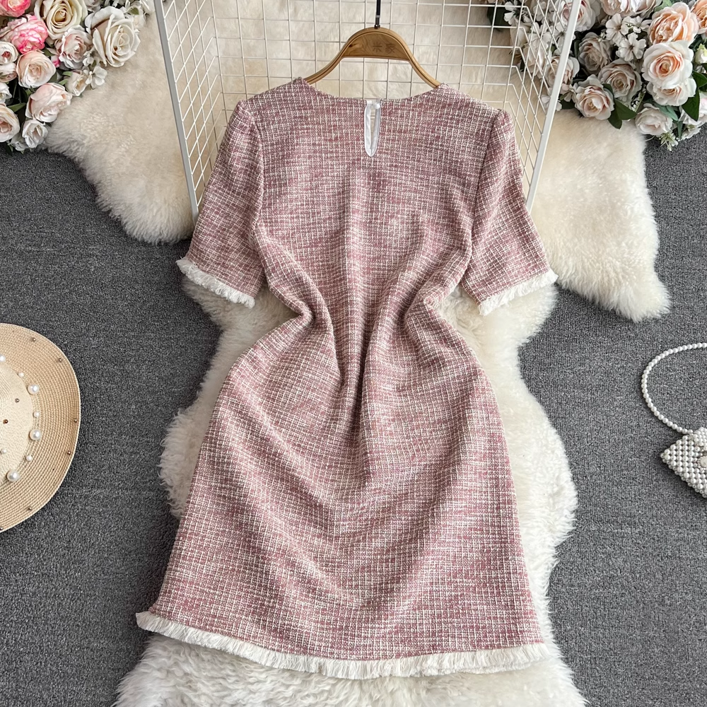 Sommer-Retro-Kleid mit kurzen Ärmeln und Rundhalsausschnitt in A-Linie mit Quasten 1485
