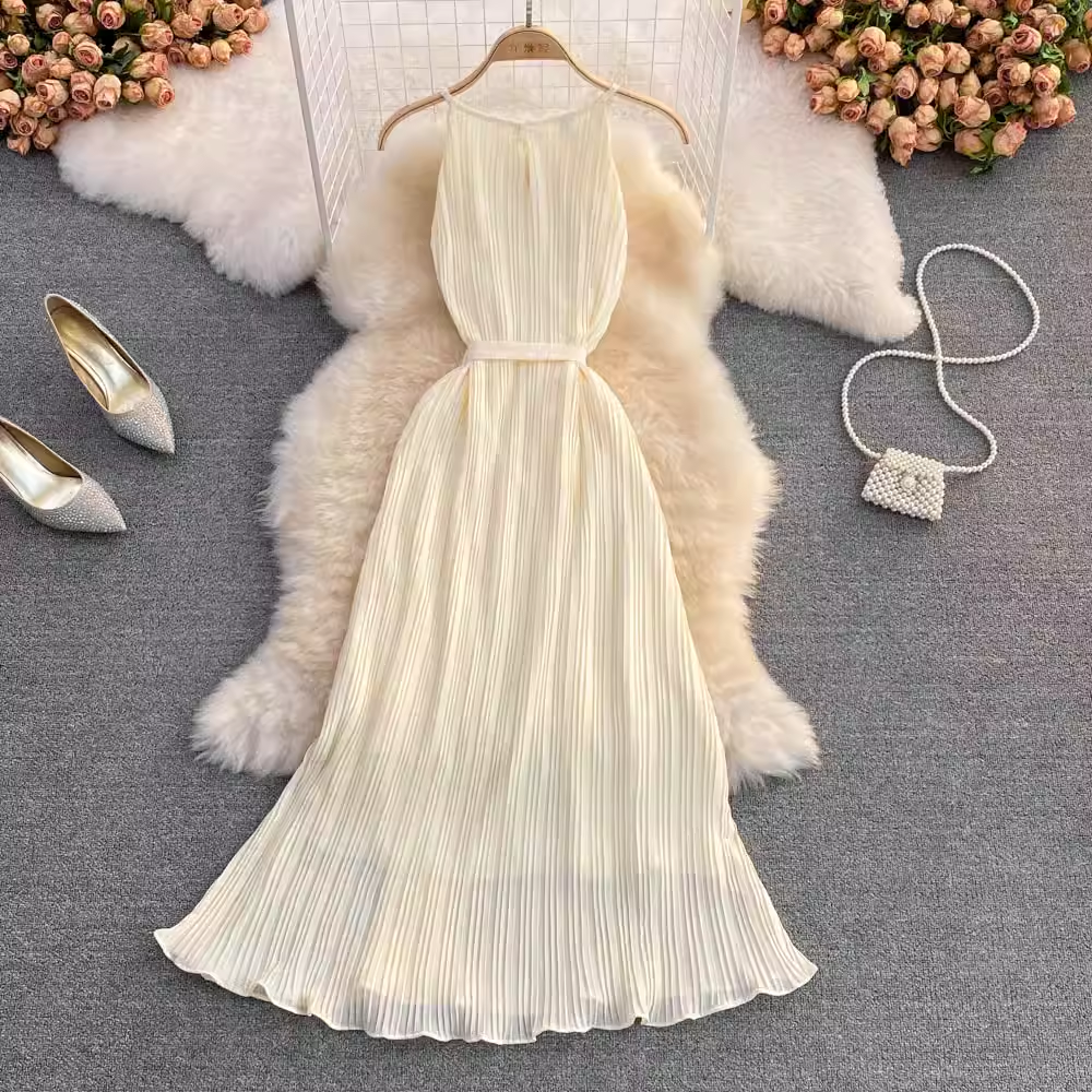 Summer Loose Sleeveless Round Neck Halter Neck Pleated A Line Dress 1555