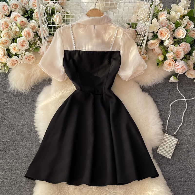 Sommerkleid im französischen Stil, A-Linien-Rock, elegantes Perlenkleid für Damen 1345