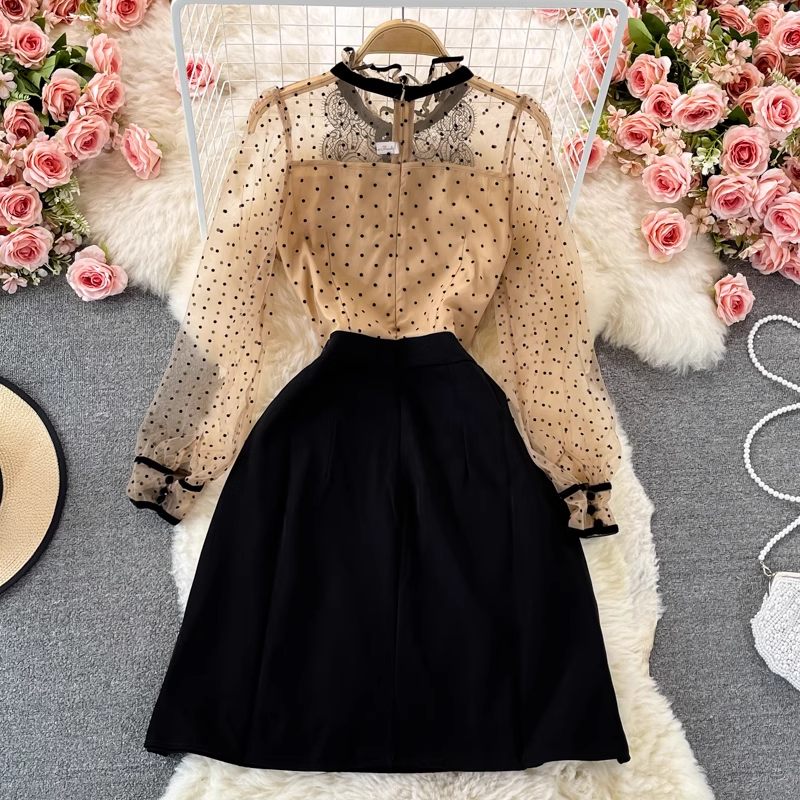 Autumn Bowknot Stand Collar Polka Dot Lace A Line Dress 1369
