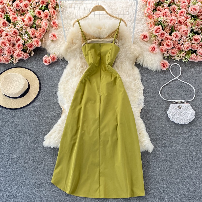 Retro Print Spaghetti Strap Skirt Summer Lace Dress 1362