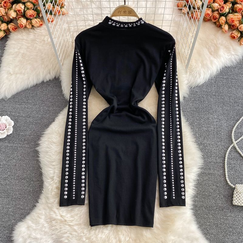Sexy Herbst-Etuikleid mit Perlen und Schlitz, langärmeliges Kleid 1398