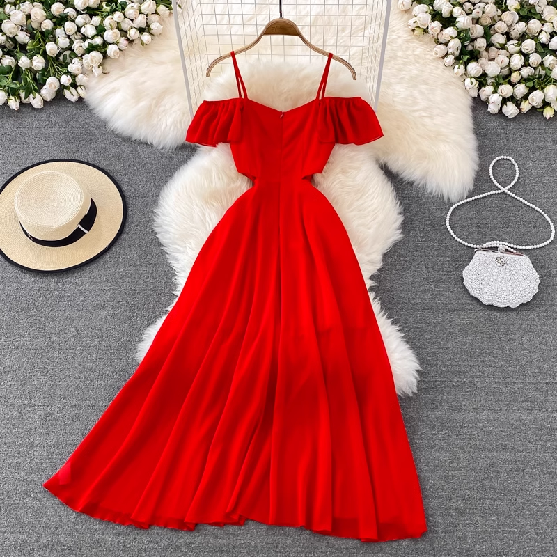 Rotes trägerloses Chiffonkleid mit dünnen Schultern 1442