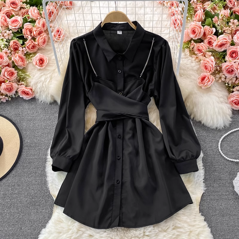 Herbstliches Hemdkleid im koreanischen Stil mit langen Ärmeln 1370