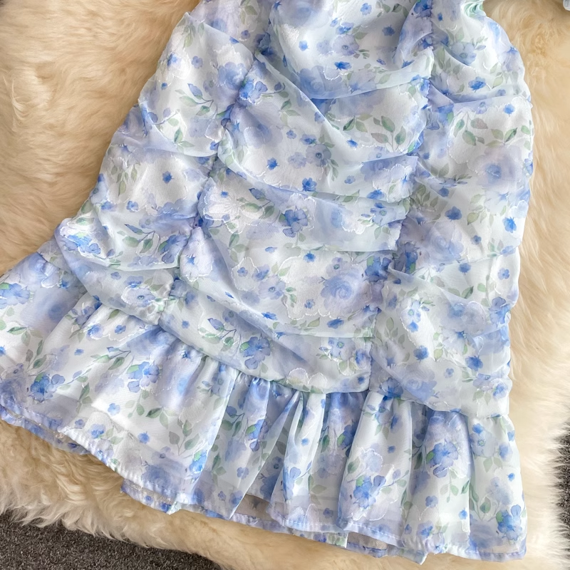 Geblümter Meerjungfrauenrock mit V-Ausschnitt, Chiffon-Sommer-Feenkleid mit Puffärmeln 1358