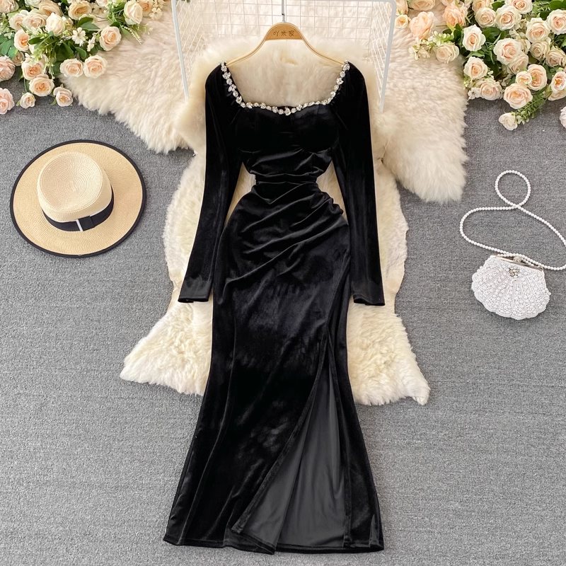 Lange Ärmel, Samt-Perlen-Abendkleid, modisches, formelles Partykleid mit quadratischem Ausschnitt 1395