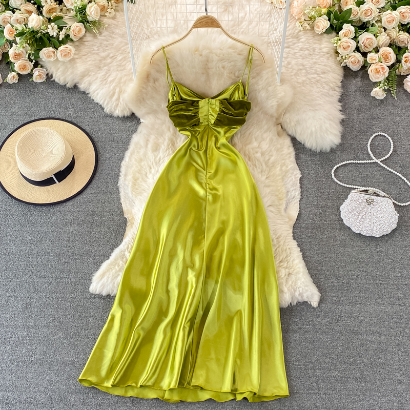 Grünes Satin-Spaghettiträger-Abendkleid, Sommer-Sexy-Kleid 1392