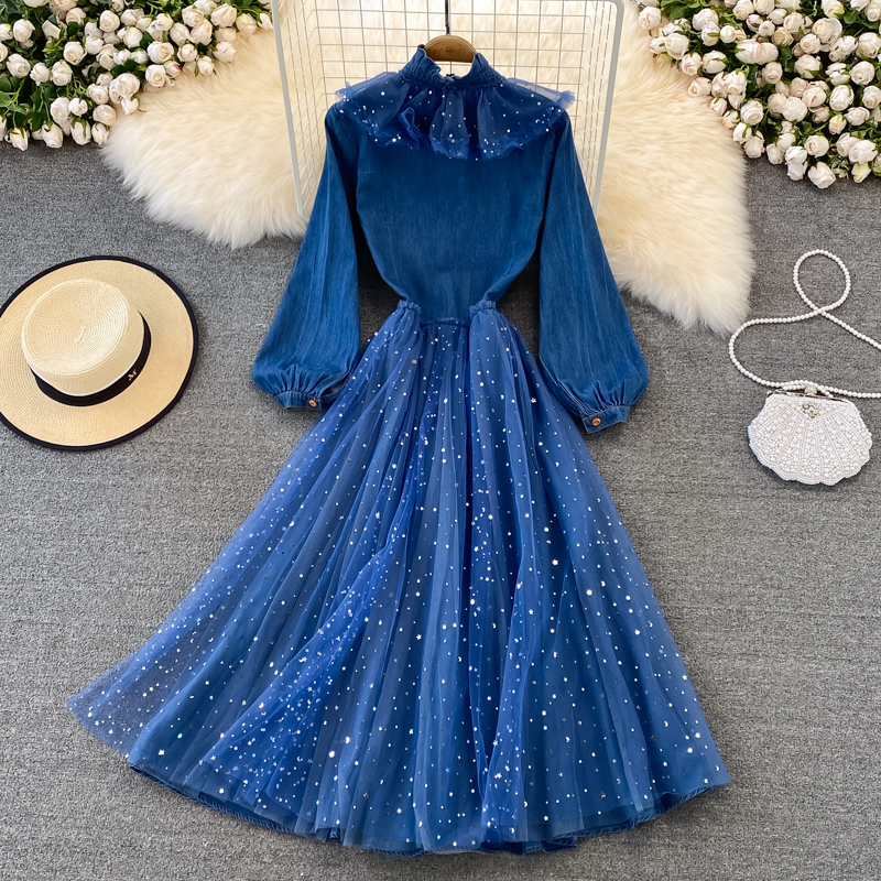 Frühlings- und Herbst-Denim-Mesh-Spleißkleid mit Fliegekragen 1412