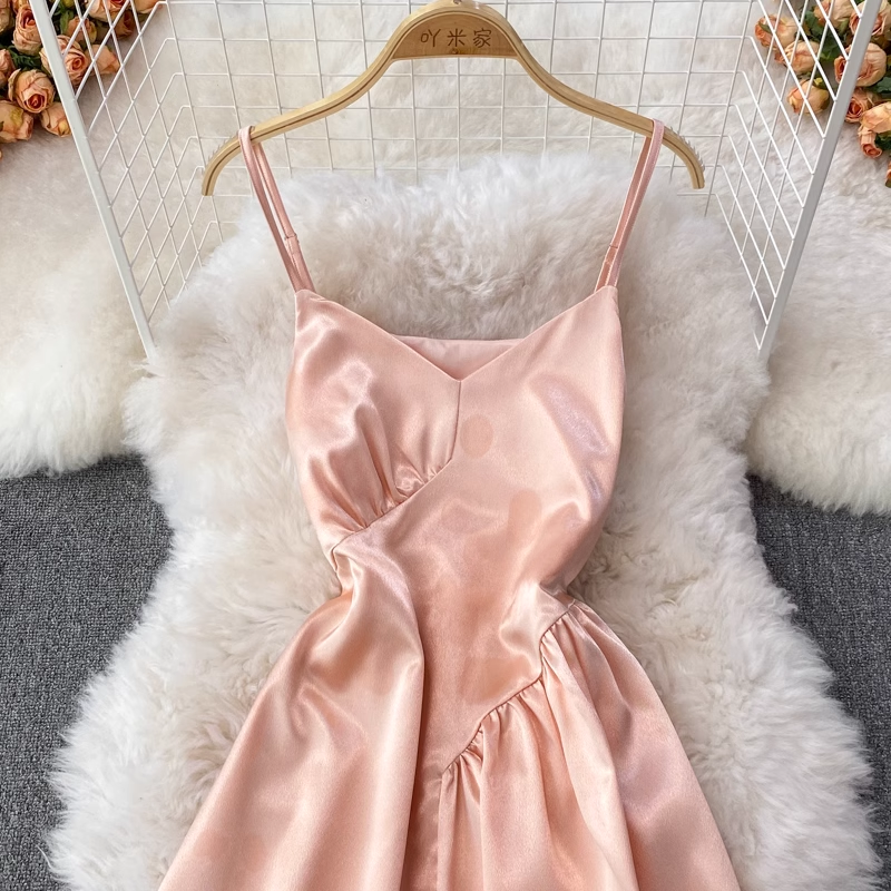 Retro Spaghettiträger Mittellanges Satin Sommerkleid Abendkleid 1423
