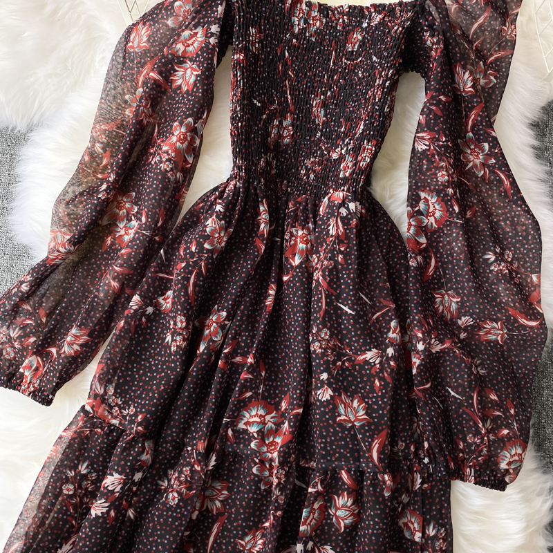 Herbstliches Retro-Blumenfeen-Kleid mit langen Ärmeln 1513