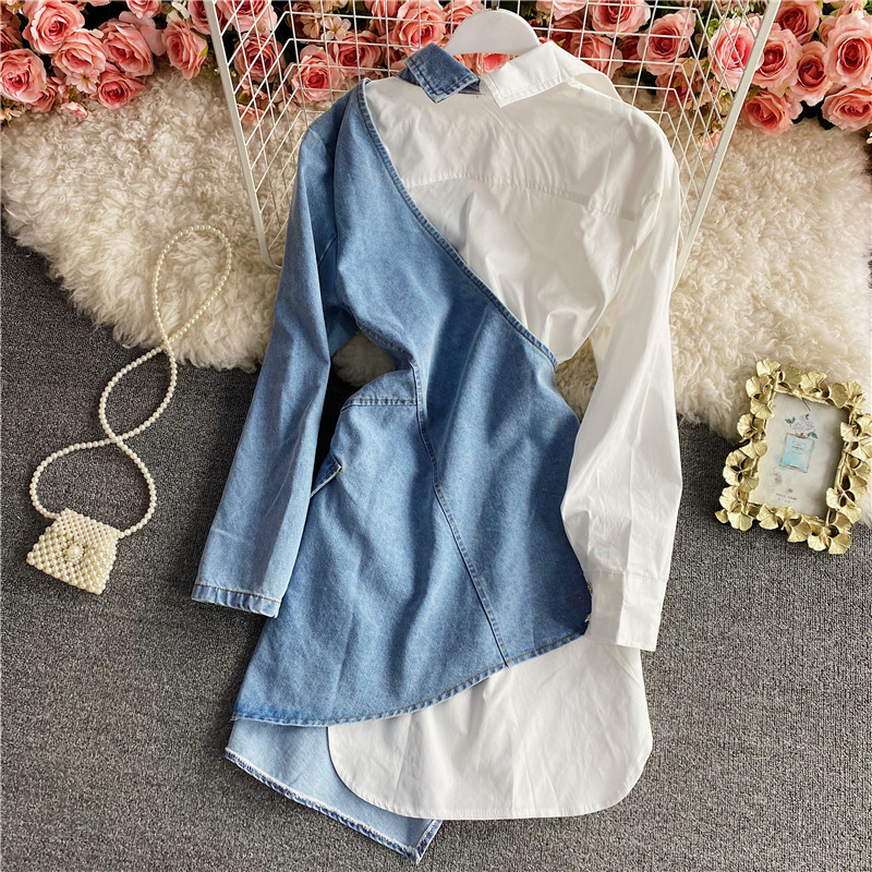 Frühling unregelmäßige Denim-Nähte lange Ärmel Hemdkleid Polorock Anzug Hemdrock 1473