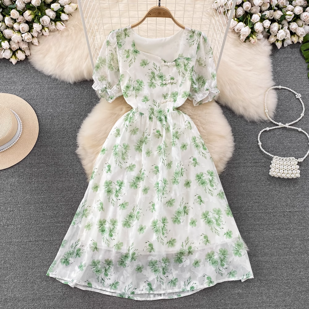 Sommerkleid mit quadratischem Ausschnitt und Blumenmuster, mittellanges A-Linien-Chiffonkleid 1486