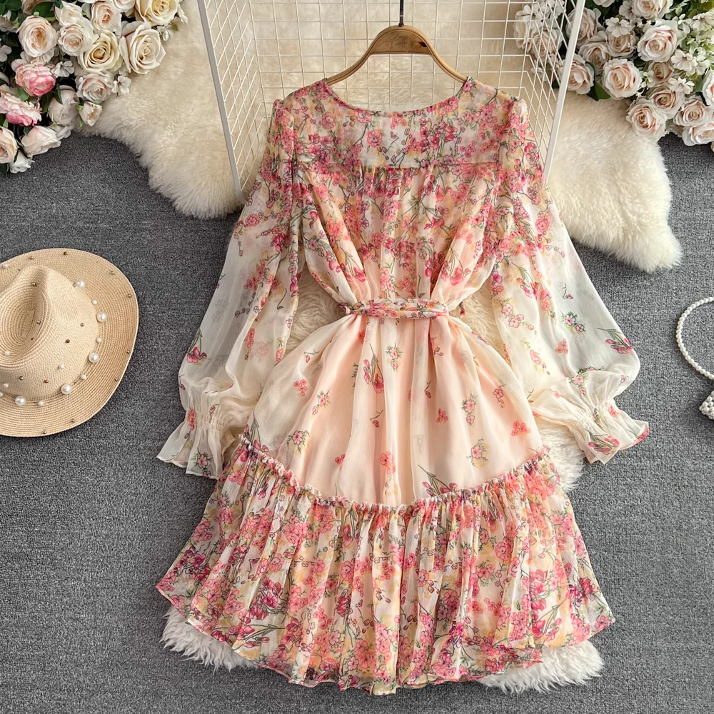 Frühlings- und Herbstkleid mit langen Ärmeln, V-Ausschnitt, A-Linie, bedruckt, Flora-Kleid 1528