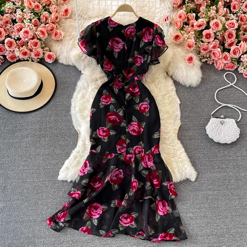 Sommerkleid mit Rüschen und V-Ausschnitt, Meerjungfrau-Chiffon, modisches Abendkleid 1379