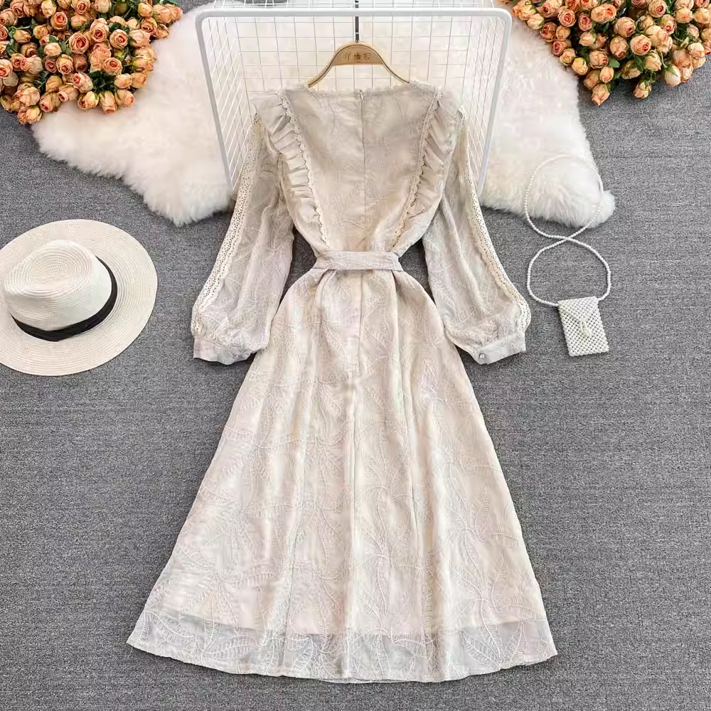 Spring Retro Ruffled V Neck Long Sleeves Beaded Lace Dress 1456