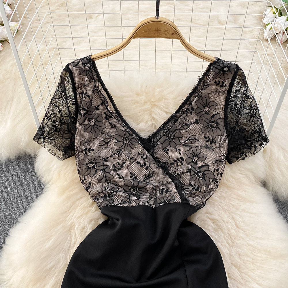 Summer V Neck Lace Elegant Slit A Line Dress 1472