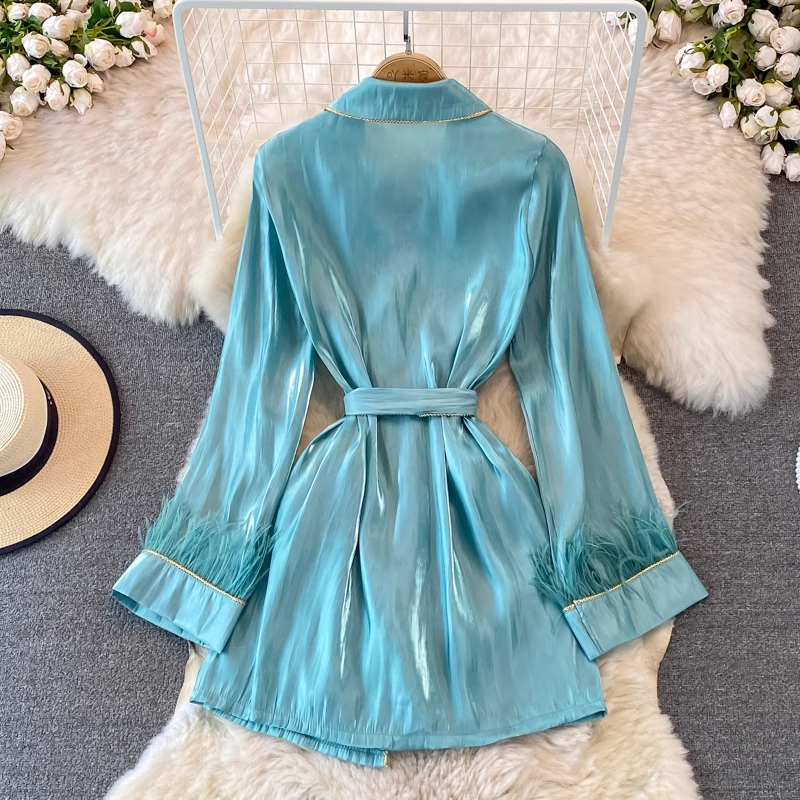 Frühling und Herbst Satin Cardigan Damen Mittellanges lockeres Hemdkleid 1404